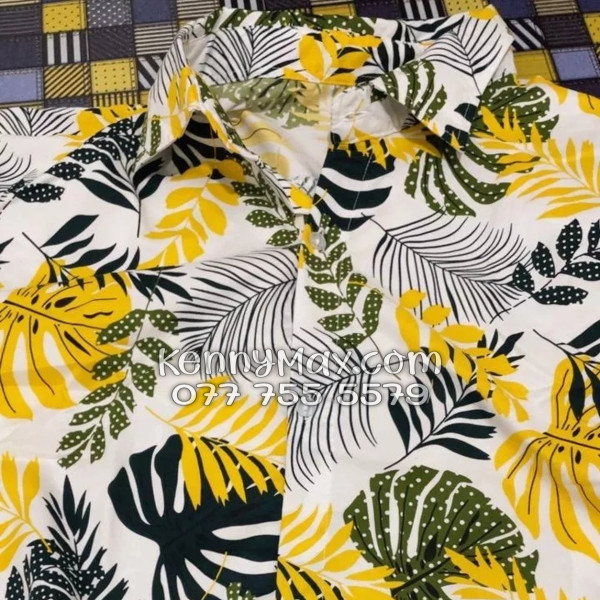 Bộ Áo Sơ Mi Quần Short Hawaiian Lá Vàng Nam Nữ Đi Biển