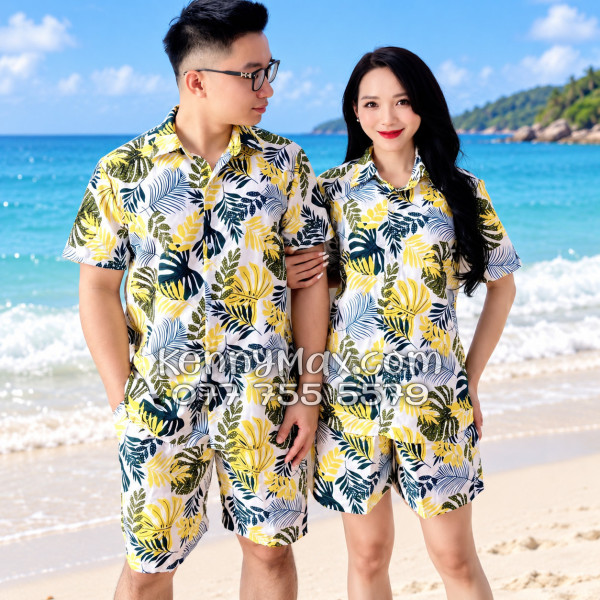 Bộ Áo Sơ Mi Quần Short Hawaiian Lá Vàng Nam Nữ Đi Biển
