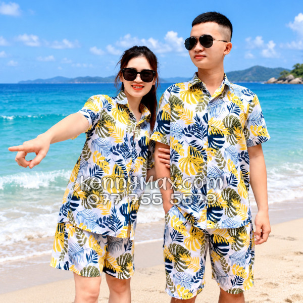 Bộ Áo Sơ Mi Quần Short Hawaiian Lá Vàng Nam Nữ Đi Biển