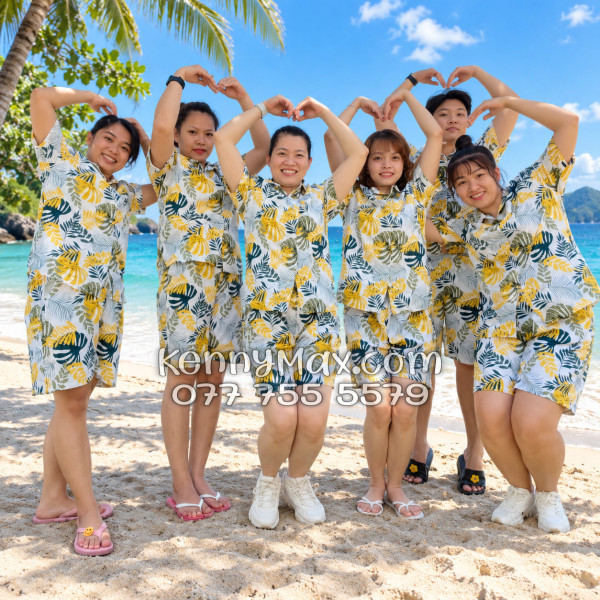 Bộ Áo Sơ Mi Quần Short Hawaiian Lá Vàng Nam Nữ Đi Biển