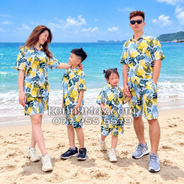 Bộ Áo Sơ Mi Quần Short Hawaiian Lá Vàng Nam Nữ Đi Biển