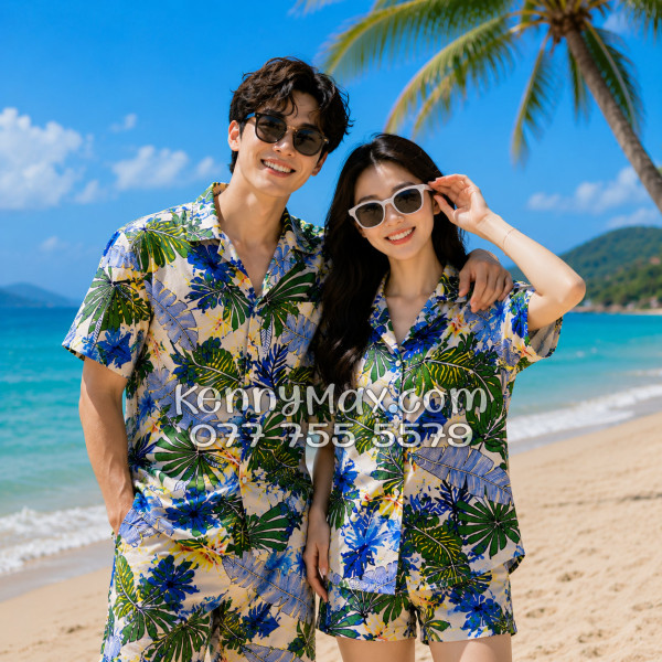Bộ Áo Sơ Mi Quần Short Hawaiian Lá Cọ Nam Nữ Đi Biển