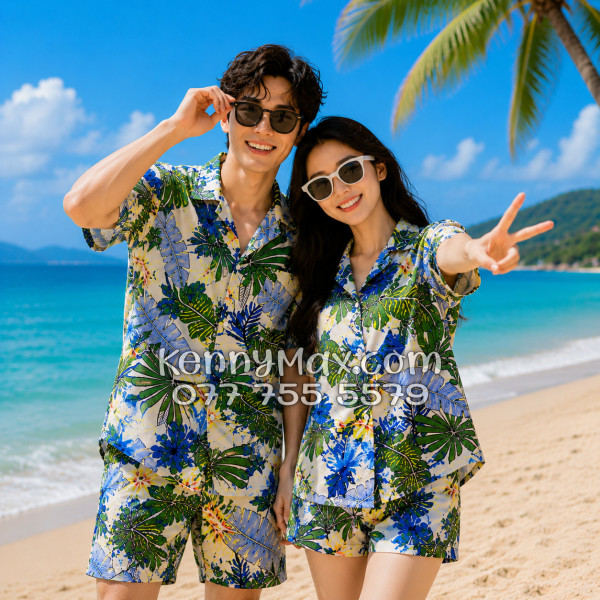 Bộ Áo Sơ Mi Quần Short Hawaiian Lá Cọ Nam Nữ Đi Biển