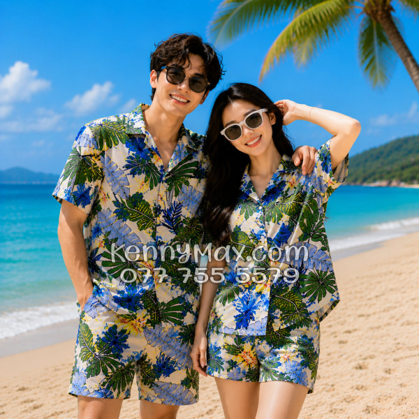 Bộ Áo Sơ Mi Quần Short Hawaiian Lá Cọ Nam Nữ Đi Biển