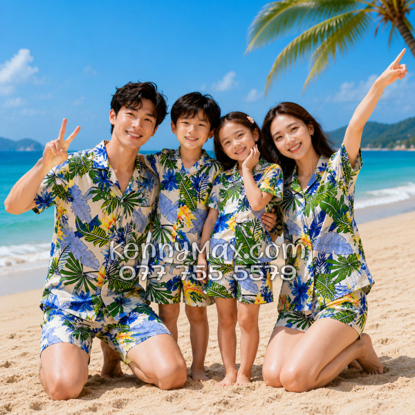 Bộ Áo Sơ Mi Quần Short Hawaiian Lá Cọ Nam Nữ Đi Biển