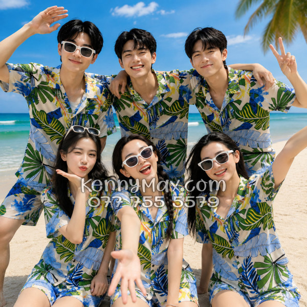 Bộ Áo Sơ Mi Quần Short Hawaiian Lá Cọ Nam Nữ Đi Biển