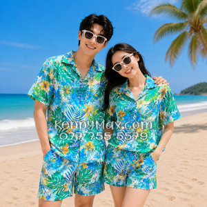 Bộ Áo Sơ Mi Quần Short Hawaiian Lá Rùa Nam Nữ Đi Biển