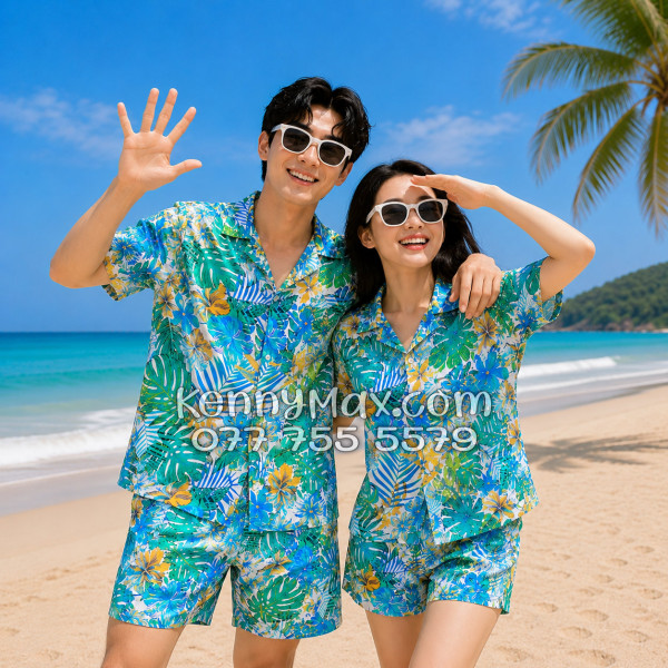 Bộ Áo Sơ Mi Quần Short Hawaiian Lá Rùa Nam Nữ Đi Biển
