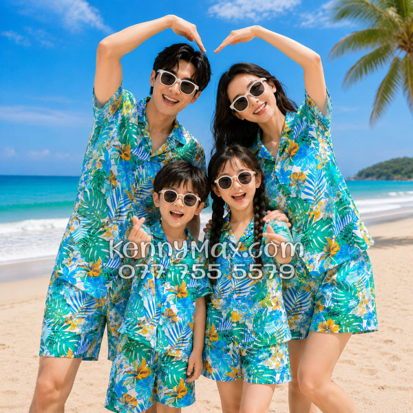 Bộ Áo Sơ Mi Quần Short Hawaiian Lá Rùa Nam Nữ Đi Biển