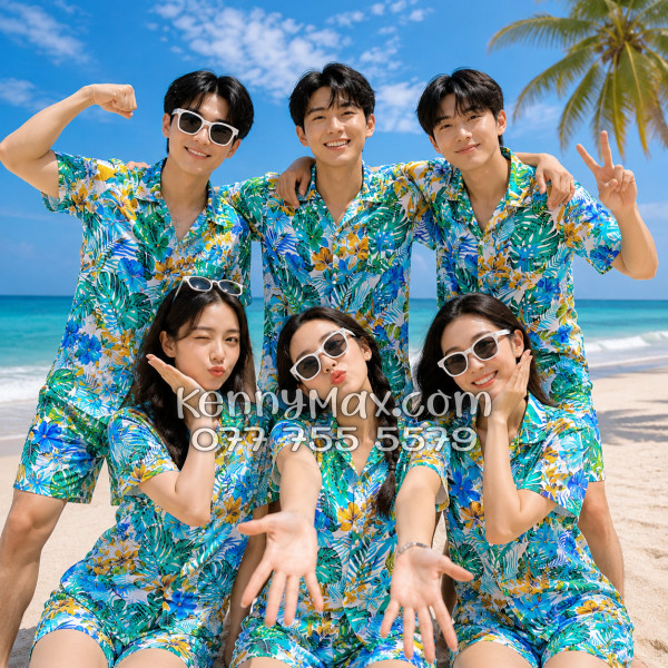 Bộ Áo Sơ Mi Quần Short Hawaiian Lá Rùa Nam Nữ Đi Biển
