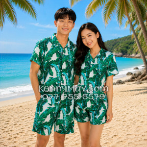 Bộ Áo Sơ Mi Quần Short Hawaiian Lá Chuối Nam Nữ Đi Biển