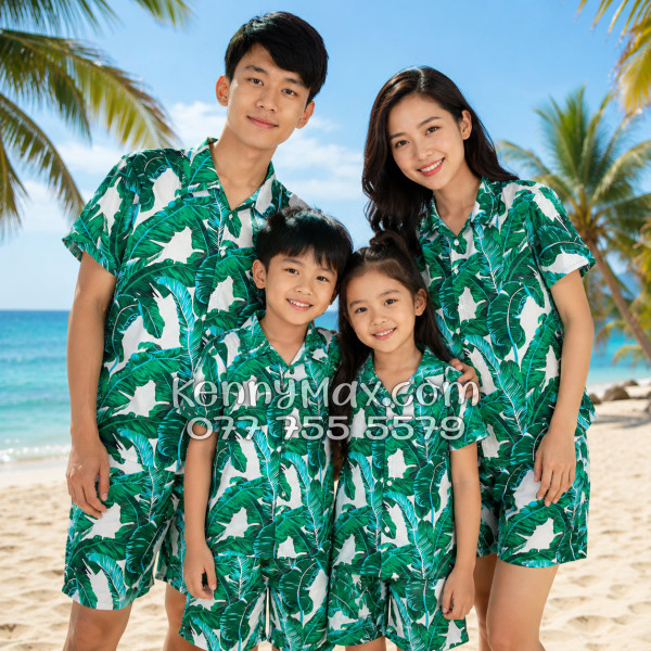 Bộ Áo Sơ Mi Quần Short Hawaiian Lá Chuối Nam Nữ Đi Biển