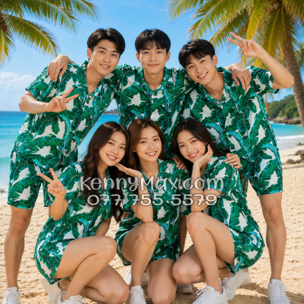 Bộ Áo Sơ Mi Quần Short Hawaiian Lá Chuối Nam Nữ Đi Biển
