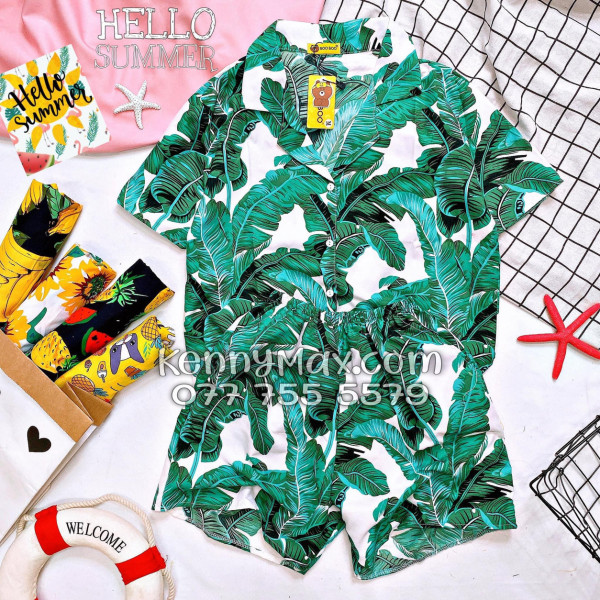 Bộ Áo Sơ Mi Quần Short Hawaiian Lá Chuối Nam Nữ Đi Biển