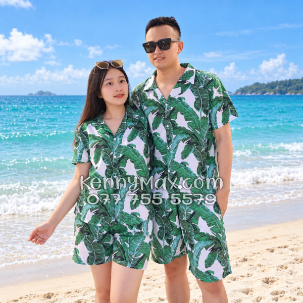 Bộ Áo Sơ Mi Quần Short Hawaiian Lá Chuối Nam Nữ Đi Biển