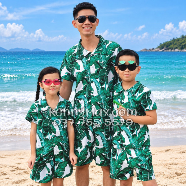 Bộ Áo Sơ Mi Quần Short Hawaiian Lá Chuối Nam Nữ Đi Biển