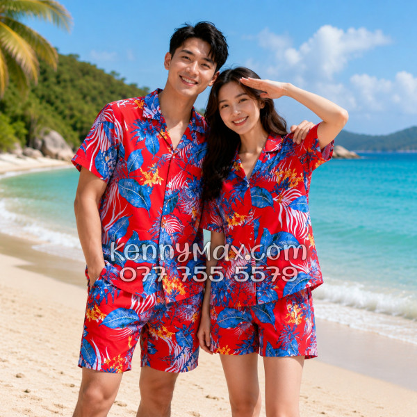 Bộ Áo Sơ Mi Quần Short Hawaiian Hoa Lá Đỏ Nam Nữ Đi Biển