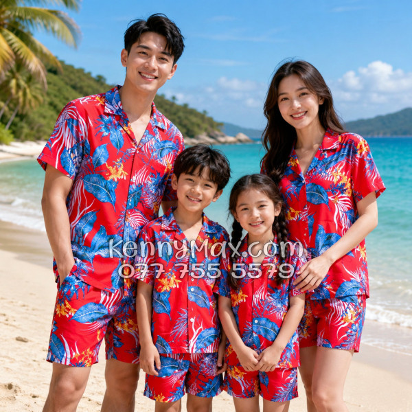 Bộ Áo Sơ Mi Quần Short Hawaiian Hoa Lá Đỏ Nam Nữ Đi Biển