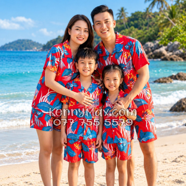 Bộ Áo Sơ Mi Quần Short Hawaiian Hoa Lá Đỏ Nam Nữ Đi Biển