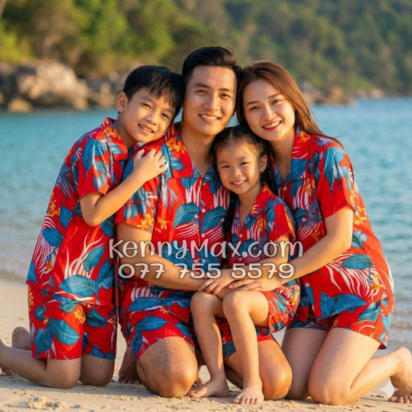 Bộ Áo Sơ Mi Quần Short Hawaiian Hoa Lá Đỏ Nam Nữ Đi Biển
