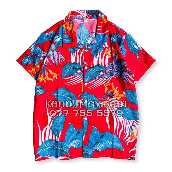 Bộ Áo Sơ Mi Quần Short Hawaiian Hoa Lá Đỏ Nam Nữ Đi Biển