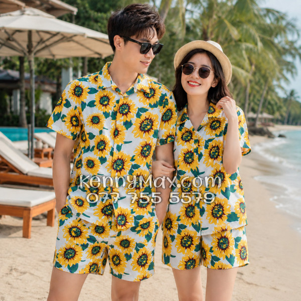 Bộ Áo Sơ Mi Quần Short Hawaiian Hoa Hướng Dương Trắng Nam Nữ Đi Biển