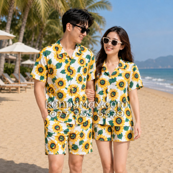 Bộ Áo Sơ Mi Quần Short Hawaiian Hoa Hướng Dương Trắng Nam Nữ Đi Biển