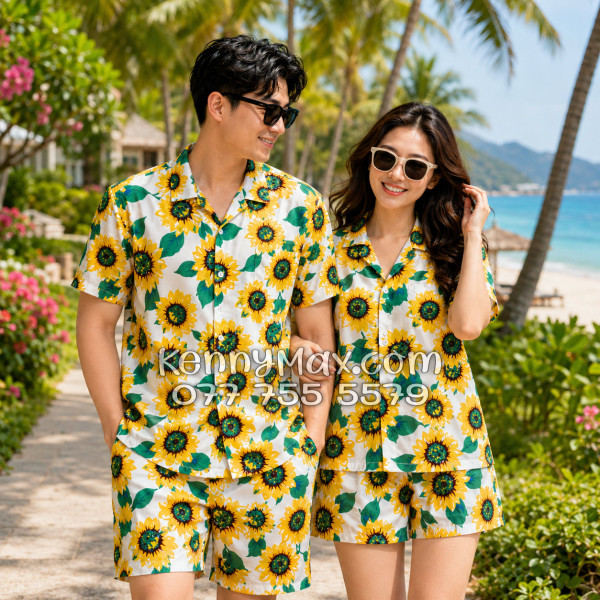 Bộ Áo Sơ Mi Quần Short Hawaiian Hoa Hướng Dương Trắng Nam Nữ Đi Biển