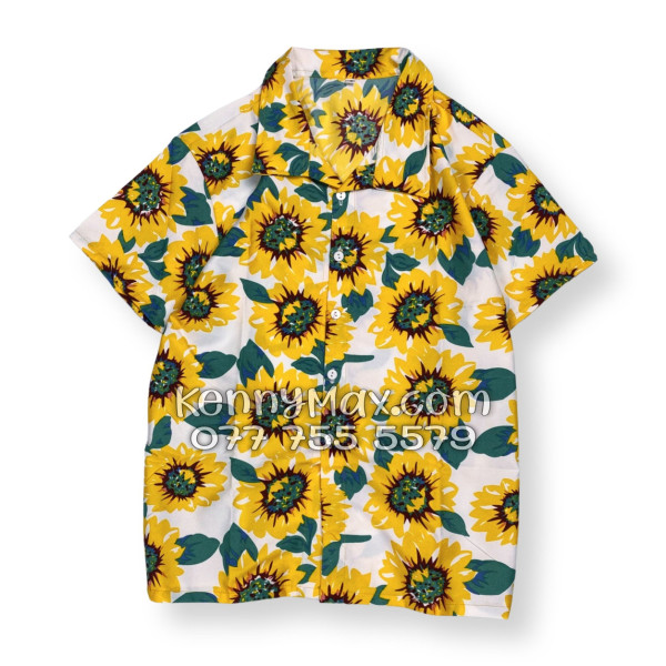 Bộ Áo Sơ Mi Quần Short Hawaiian Hoa Hướng Dương Trắng Nam Nữ Đi Biển