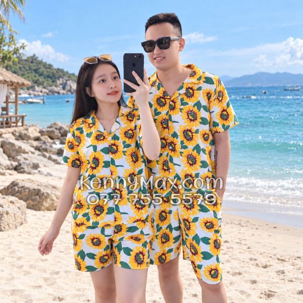 Bộ Áo Sơ Mi Quần Short Hawaiian Hoa Hướng Dương Trắng Nam Nữ Đi Biển