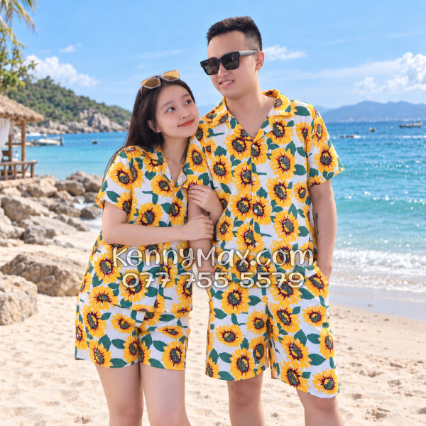 Bộ Áo Sơ Mi Quần Short Hawaiian Hoa Hướng Dương Trắng Nam Nữ Đi Biển