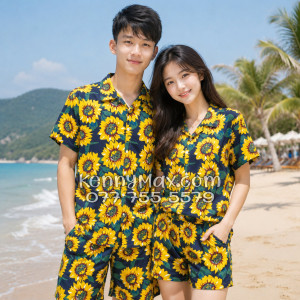 Bộ Áo Sơ Mi Quần Short Hawaiian Hoa Hướng Dương Xanh Đen Nam Nữ Đi Biển