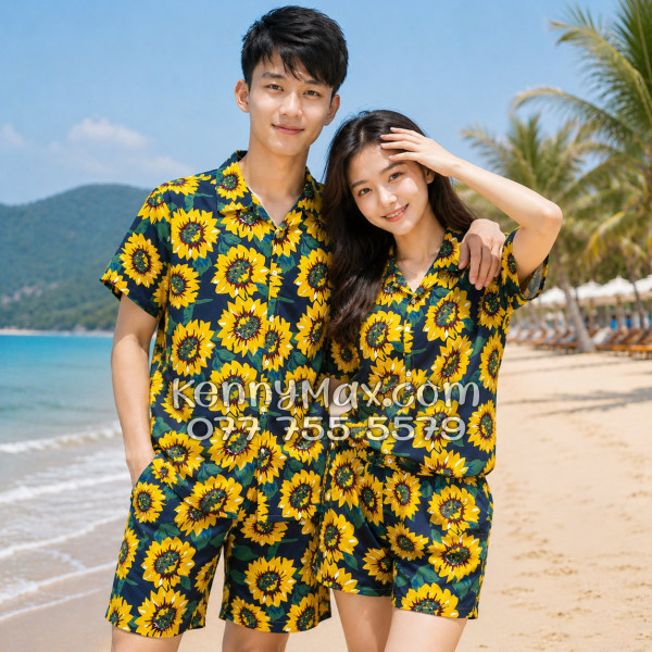 Bộ Áo Sơ Mi Quần Short Hawaiian Hoa Hướng Dương Xanh Đen Nam Nữ Đi Biển
