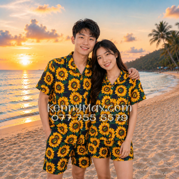 Bộ Áo Sơ Mi Quần Short Hawaiian Hoa Hướng Dương Xanh Đen Nam Nữ Đi Biển