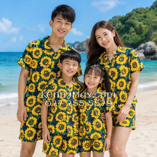 Bộ Áo Sơ Mi Quần Short Hawaiian Hoa Hướng Dương Xanh Đen Nam Nữ Đi Biển