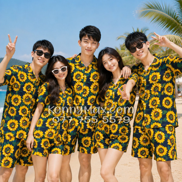 Bộ Áo Sơ Mi Quần Short Hawaiian Hoa Hướng Dương Xanh Đen Nam Nữ Đi Biển