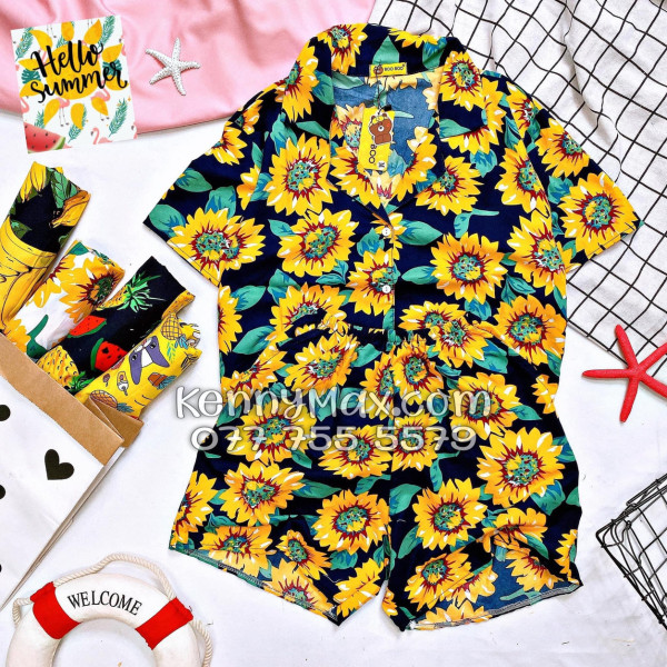 Bộ Áo Sơ Mi Quần Short Hawaiian Hoa Hướng Dương Xanh Đen Nam Nữ Đi Biển