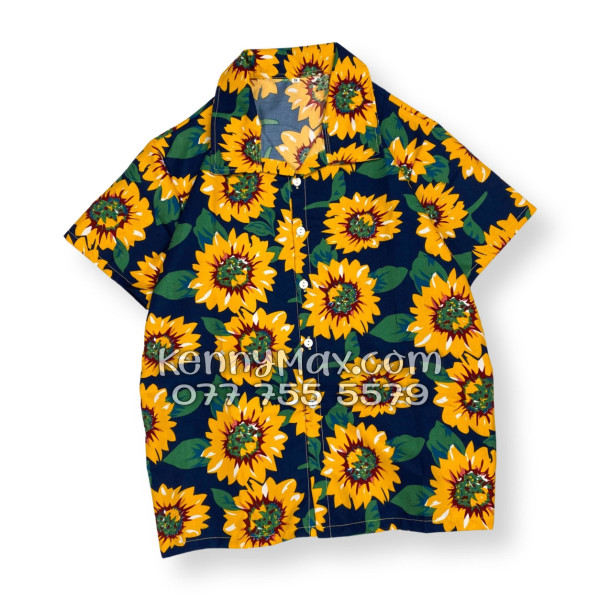 Bộ Áo Sơ Mi Quần Short Hawaiian Hoa Hướng Dương Xanh Đen Nam Nữ Đi Biển