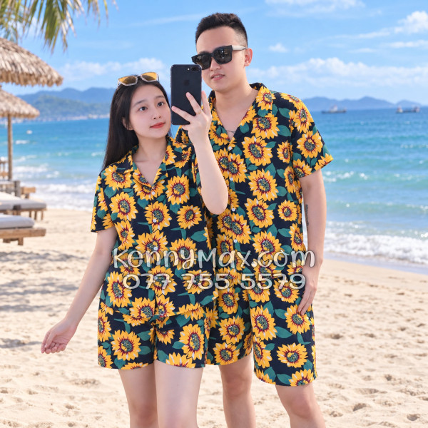 Bộ Áo Sơ Mi Quần Short Hawaiian Hoa Hướng Dương Xanh Đen Nam Nữ Đi Biển