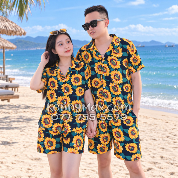 Bộ Áo Sơ Mi Quần Short Hawaiian Hoa Hướng Dương Xanh Đen Nam Nữ Đi Biển