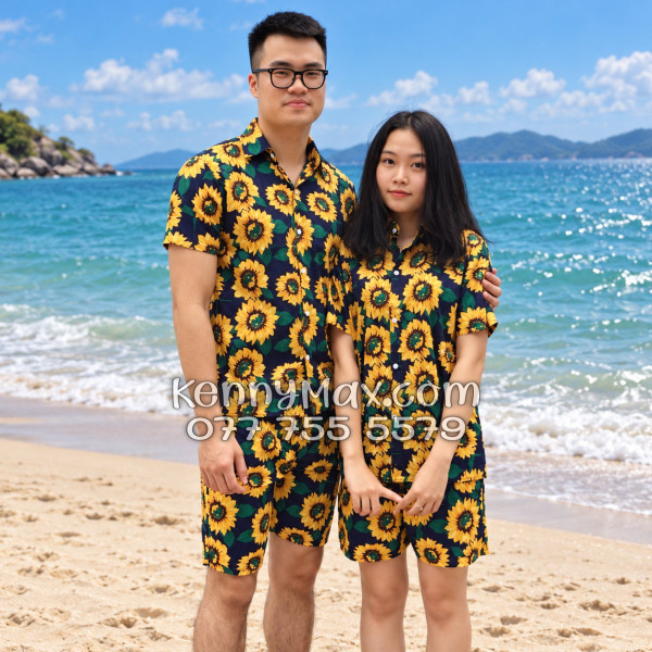Bộ Áo Sơ Mi Quần Short Hawaiian Hoa Hướng Dương Xanh Đen Nam Nữ Đi Biển