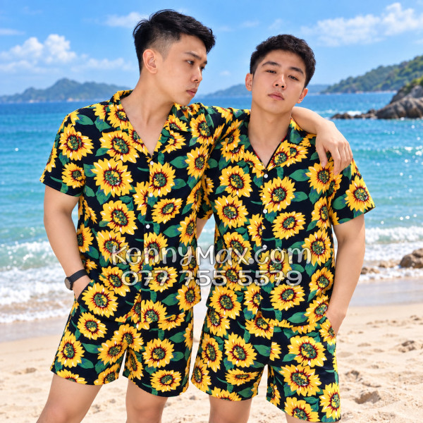 Bộ Áo Sơ Mi Quần Short Hawaiian Hoa Hướng Dương Xanh Đen Nam Nữ Đi Biển