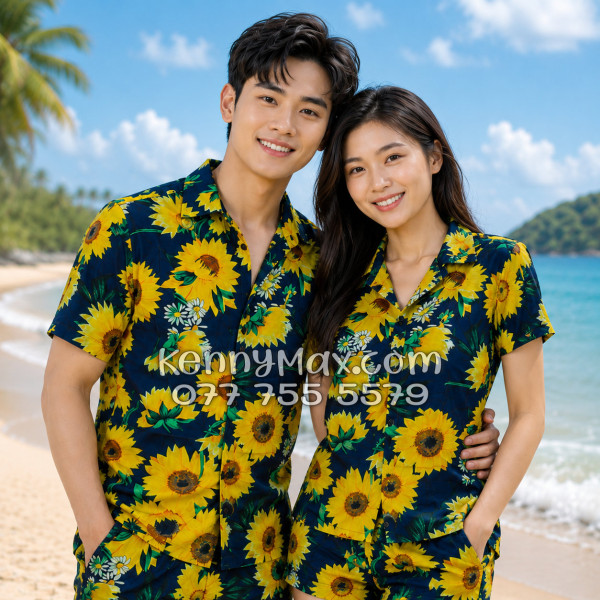 Bộ Áo Sơ Mi Quần Short Hawaiian Hoa Cúc Nam Nữ Đi Biển