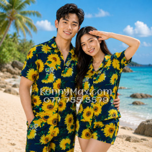 Bộ Áo Sơ Mi Quần Short Hawaiian Hoa Cúc Nam Nữ Đi Biển