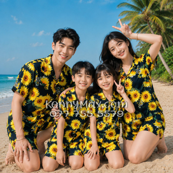 Bộ Áo Sơ Mi Quần Short Hawaiian Hoa Cúc Nam Nữ Đi Biển