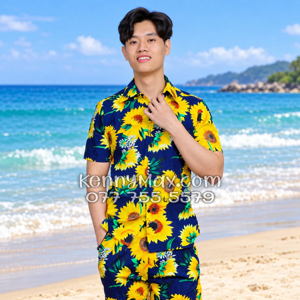 Bộ Áo Sơ Mi Quần Short Hawaiian Hoa Cúc Nam Nữ Đi Biển