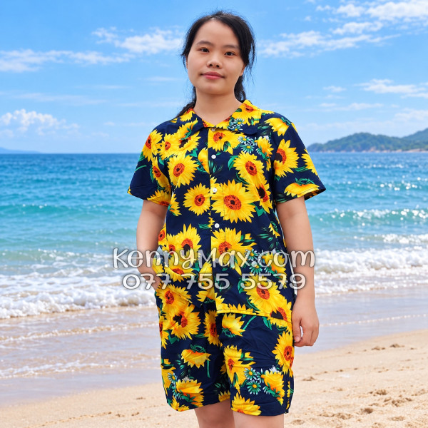 Bộ Áo Sơ Mi Quần Short Hawaiian Hoa Cúc Nam Nữ Đi Biển