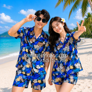 Bộ Áo Sơ Mi Quần Short Hawaiian Hoa Vàng Lá Xanh Nam Nữ Đi Biển