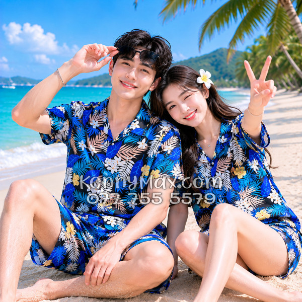 Bộ Áo Sơ Mi Quần Short Hawaiian Hoa Vàng Lá Xanh Nam Nữ Đi Biển