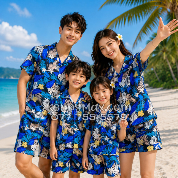 Bộ Áo Sơ Mi Quần Short Hawaiian Hoa Vàng Lá Xanh Nam Nữ Đi Biển